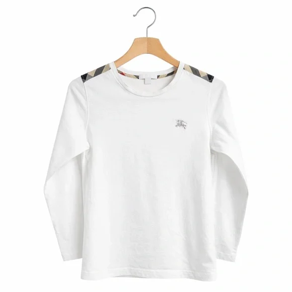 Burberry Kids White Long Sleeve Nova Check Shoulder Tee 10Y / 140 Unisex - Picture 3 of 10